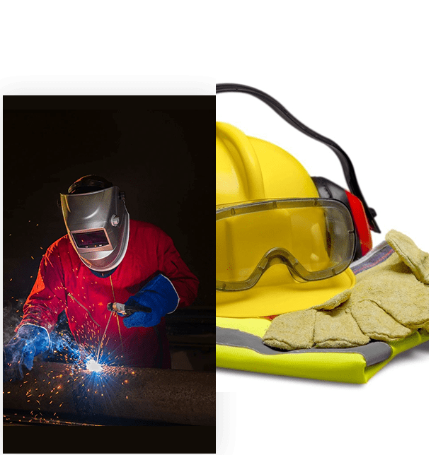 collage of welder working with protective mask and accessories