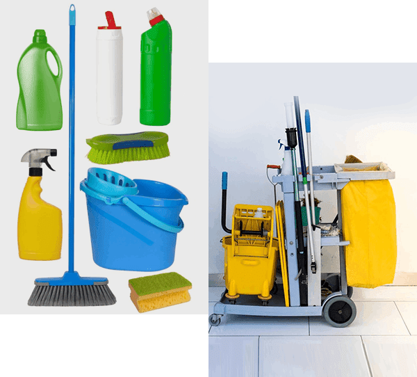 collage of Janitorial equipment and cleaning tools on cart