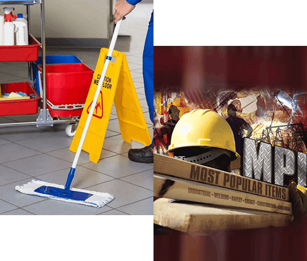 collage of Janitor with broom cleaning office and most popular items