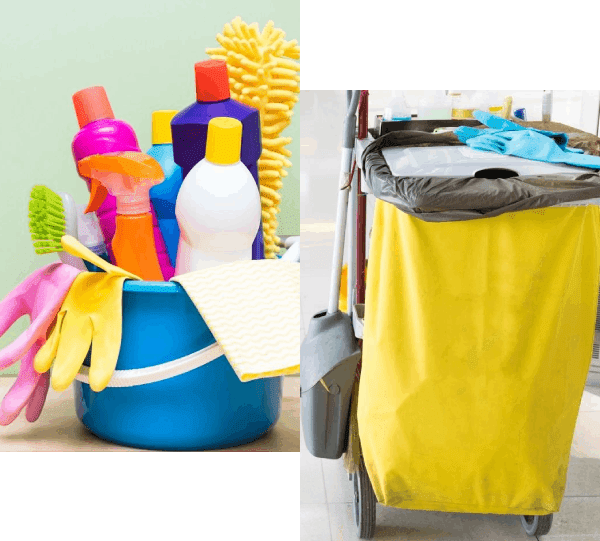 Collage of basket with cleaning products