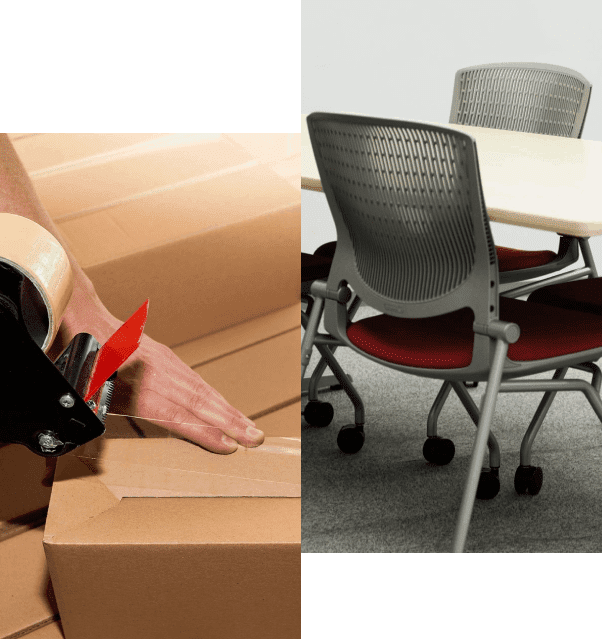 Collage of man packing a boxes and office furniture